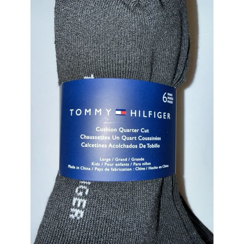 Tommy Hilfiger Boys 6 Pack Quarter Socks Black Large Cushioned Logo Kids NWT